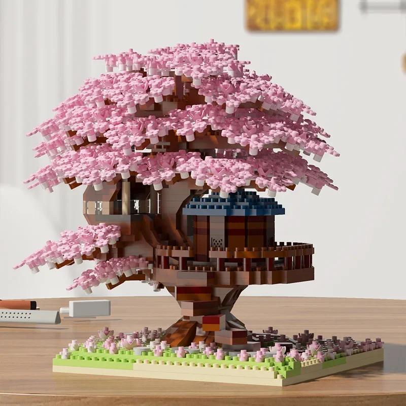 DIY Lila Romantische Kirschblütenblume Rosa Baumhaus Zug Montage Bausteine Klassisches Modell Steine Spielzeug für Kinder