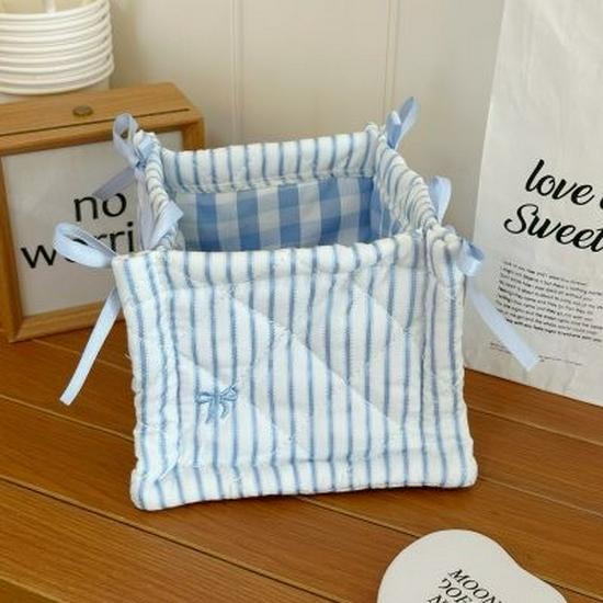 Korean Pink Plaid Quilted Storage Basket - Aesthetic Living Room & Bedside Organizer