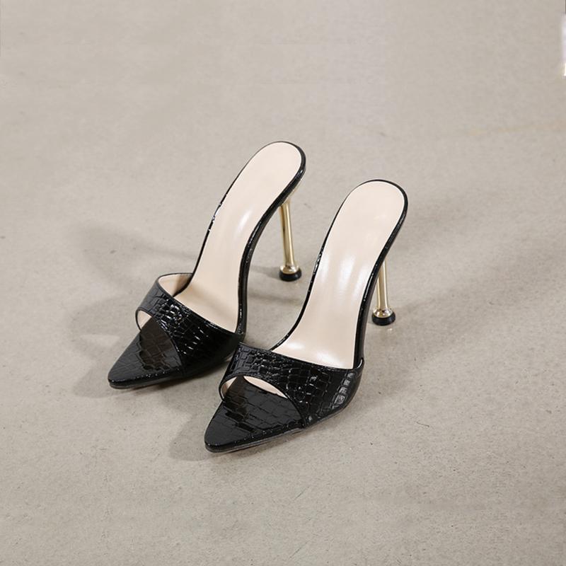 Summer Women Slippers Snake Sexy Pointed Toe High Heel Slippers Metal Decor Party Shoes Outdoor Fashion Large Size Female Shoe