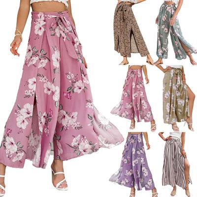 Women's Printed Trousers Elastic Belt Wide Leg High Waist Long Culottes
