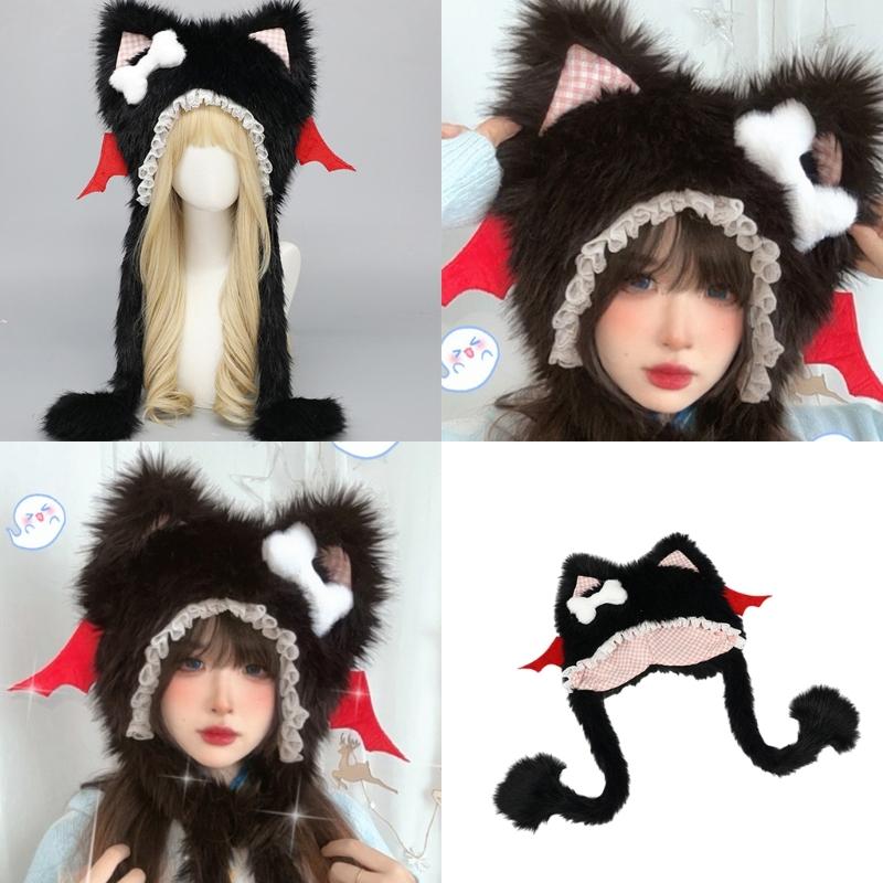Furry Cartoon Head Cover with Ear for Outdoor Sports Furry Hat Kitten Oversized Headgear Hat for Winter