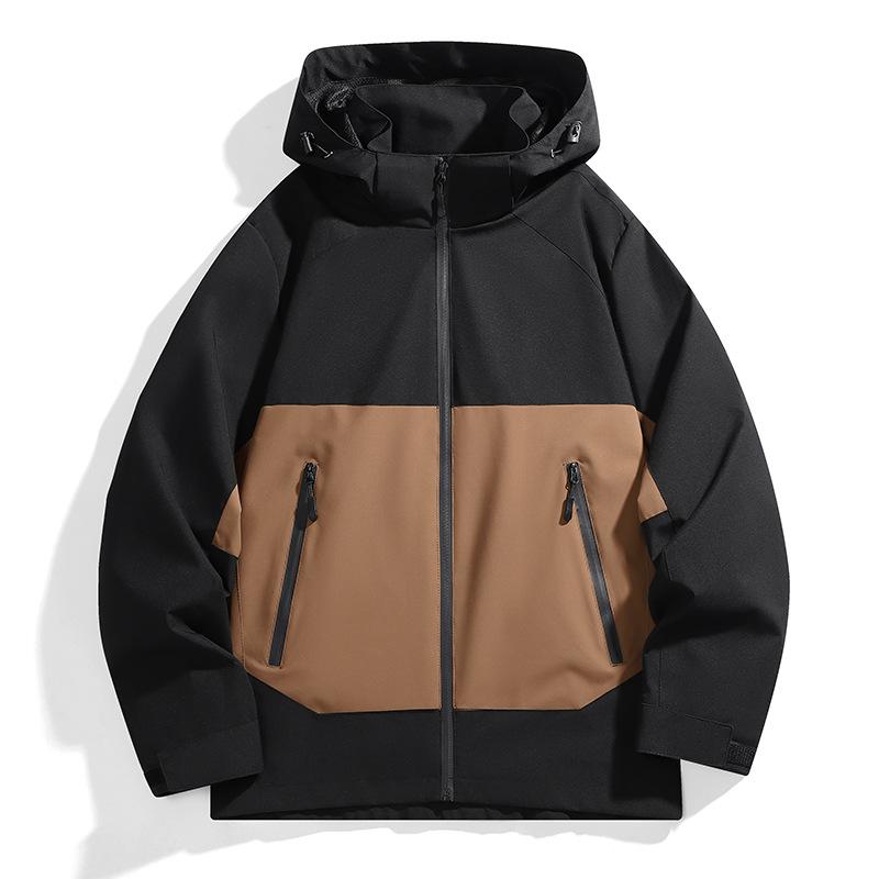 Men's Color Block Hooded Windbreaker: Waterproof, Detachable Hood, Ideal for Spring-Autumn Mountaineering.