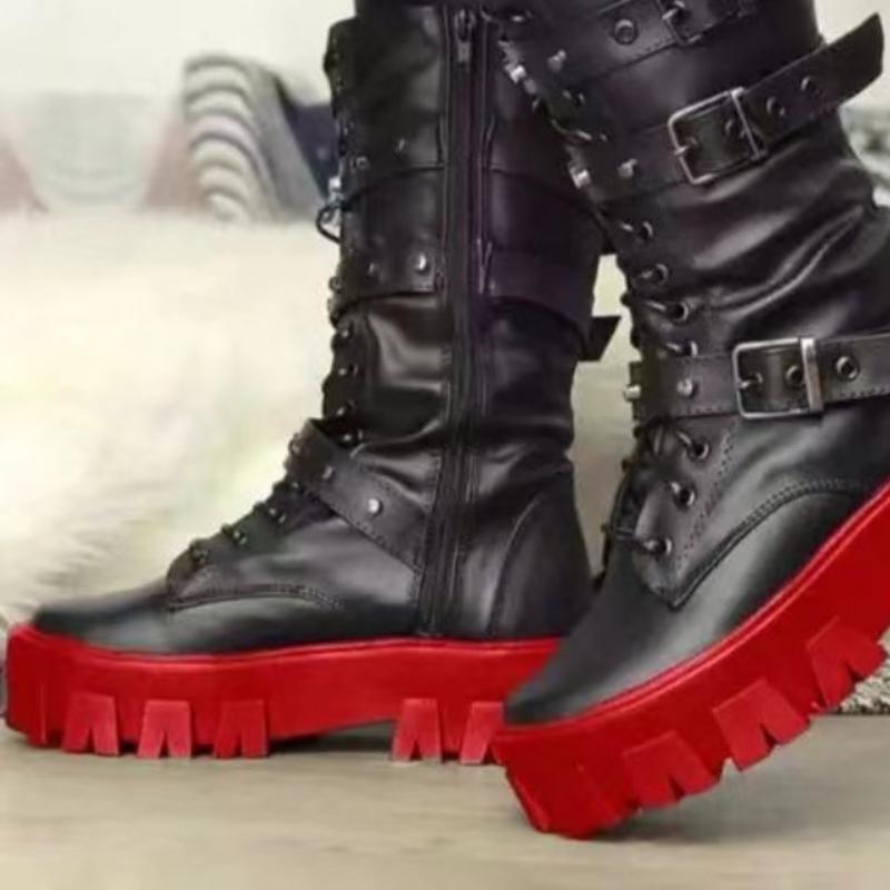 Damskor Ny Mode Stövlar med Korsband Sidozipp Moderna Stövlar Dam Högkvalitativt Spänne Mid-Calf Stövlar