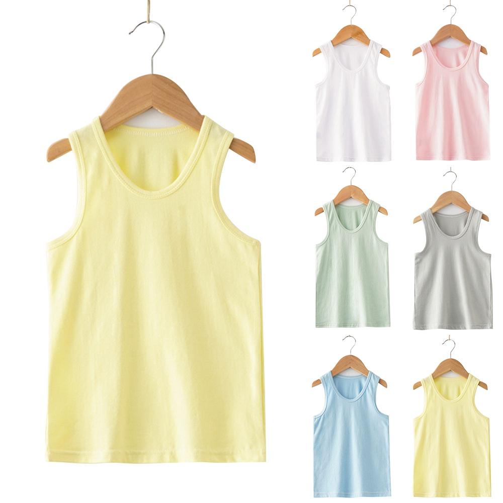 Vêtements d'été pour enfants, gilet pour garçons et filles, col rond, couleur unie, t-shirt confortable en coton