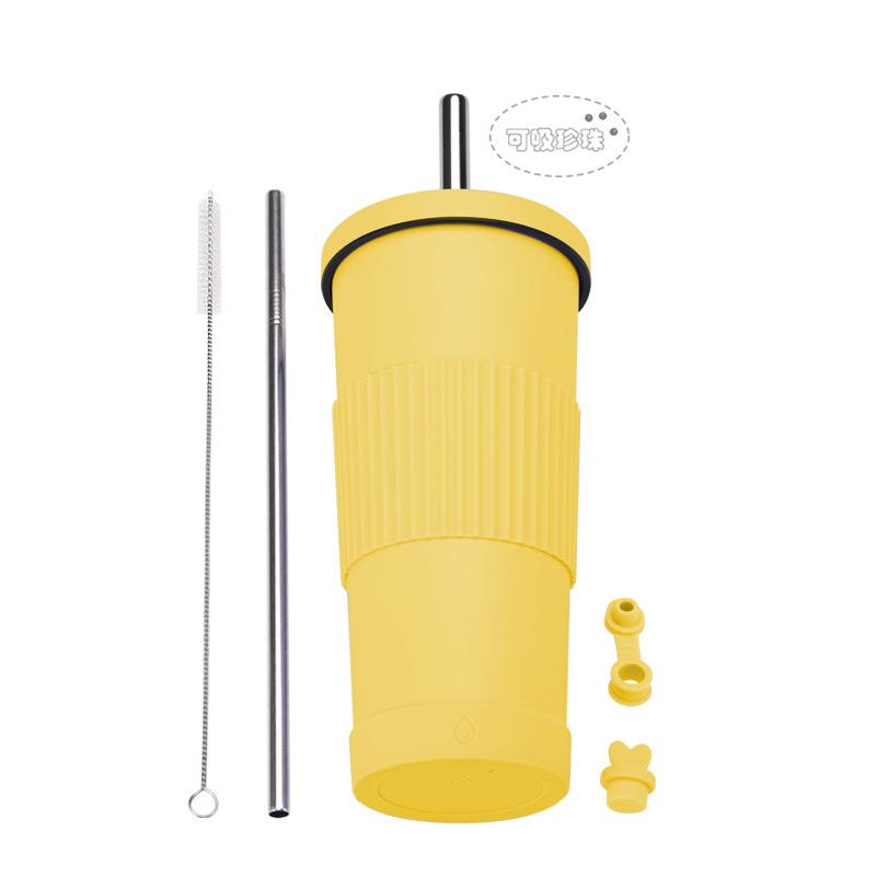 710Ml Bubble Tea Cup Non-Slip Double-Layer Stainless Steel Straw Cup Multi-Color Straw Thermal Insulation Water Cup