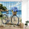 Vintage Bicycle Shower Curtain - Blue Hydrangeas, Sandy Beach Scene, 70.8x70.8", 12 Hooks, Washable Polyester