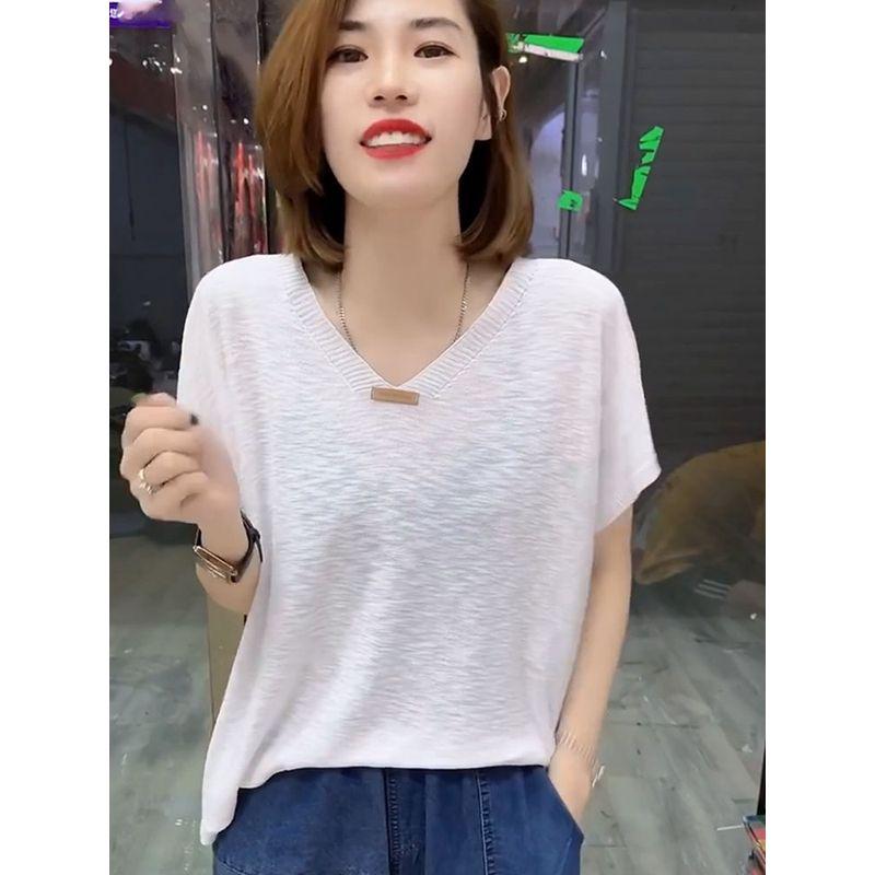 

Flounced Sleeve Tops Small Summer Thin V-neck Ladieswear Knitwear Women s Ice Silk Shoulder Short Sleeve T-shirt Casual Shirt White All yards