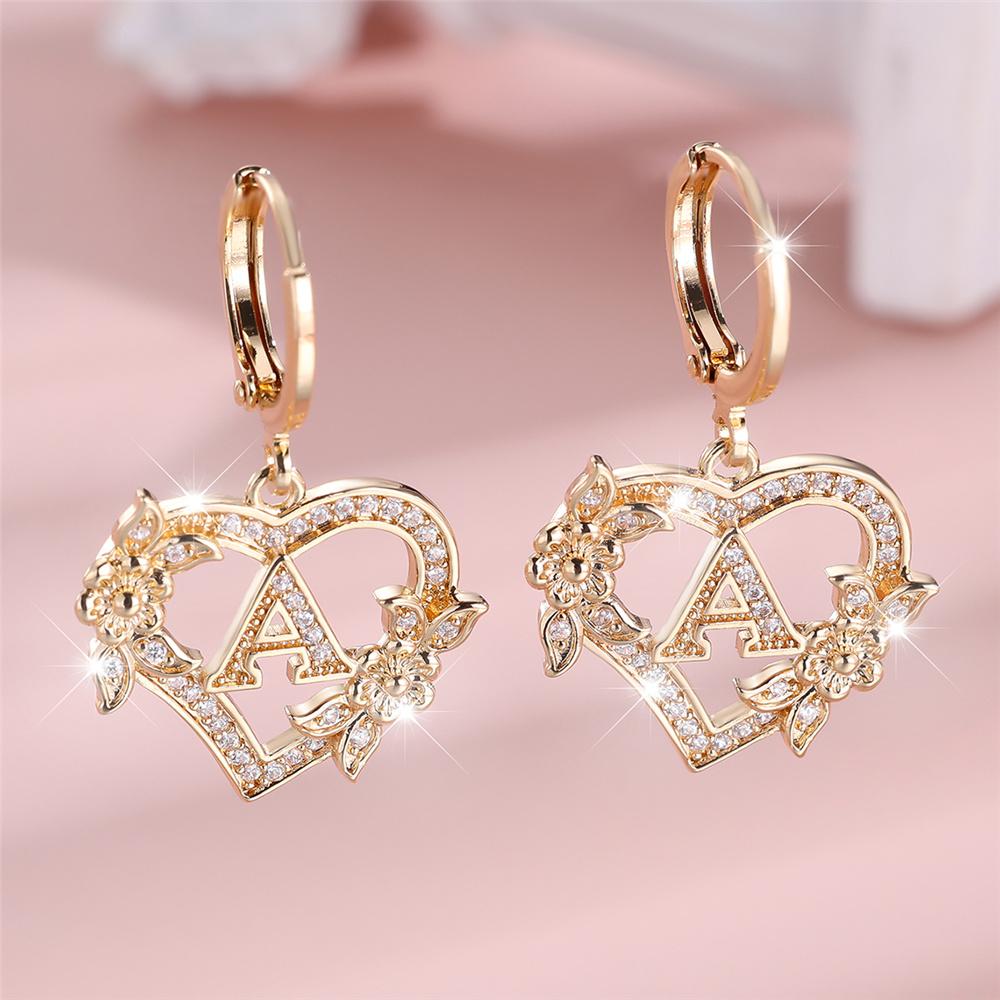 Vintage Hollow Love Heart Flower A-Z 26 Letters Hoop Earrings Yellow Gold Color White Zircon Earring Wedding Jewelry For Women