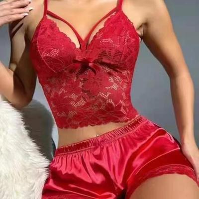 2 Pcs/Set Women Pajama Set Hollow Out Lace V Neck Backless Sleeveless Crop Top