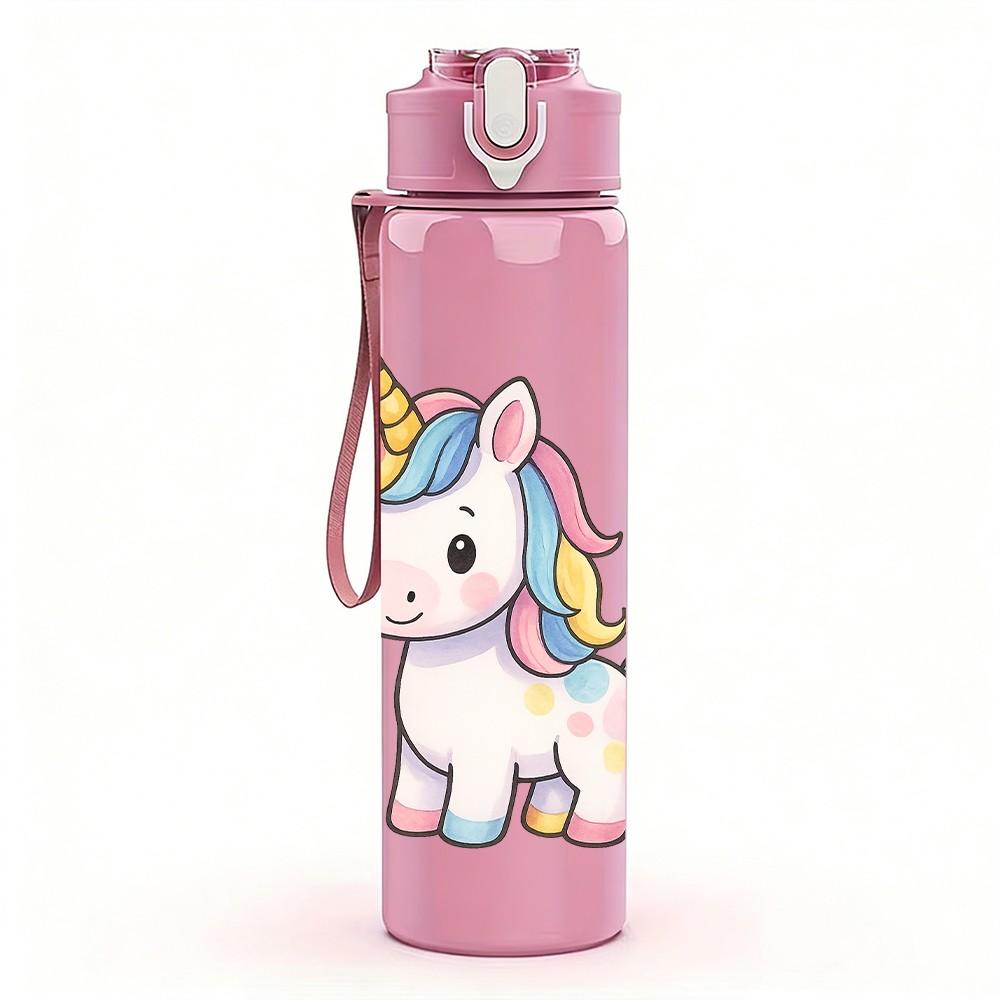 1PC White Unicorn Fantasy Cartoon 750ml Color Plastic Sports Water Bottle Leakproof Flip Straw Lid Suitable for Sports Office Home Use