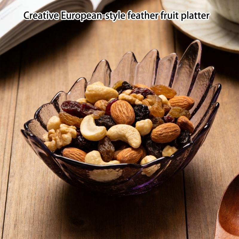 Contemporary Feathered Themed Glass Serving Dish Spacious And Stable For Fruits Treats Or Centerpiece Decoration
