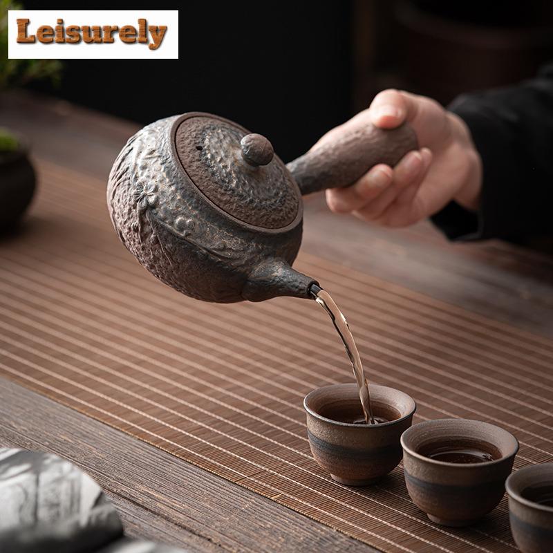 Japanese Style Gilded Iron Glaze Charcoal Stove Tea Brewing Lifting Beam Pot Open Flame Burning Rough Pottery Side Hanlde Kettle