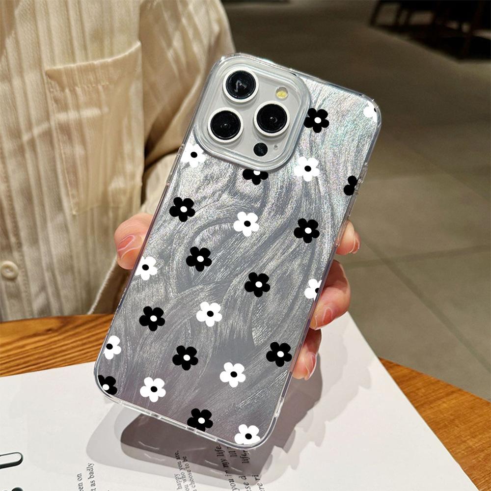 Summer new black and white flower iPhone16 mobile phone case Apple 15/14Pro niche anti-drop PC hard case advanced