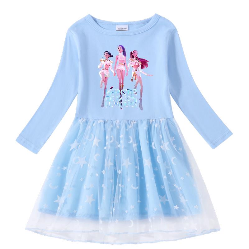 Vestito Corto a Maniche Corte Kpop Demon Slayer con Paillettes Arcobaleno e Rete – Primavera, Estate, Autunno