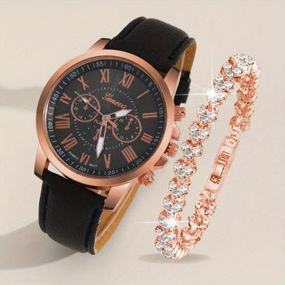 2pcs/set Women's Elegant Watch Fashion Casual Analog PU Leather Band Wrist Watch & Rhinesone Bracelet, Best Gift for Her