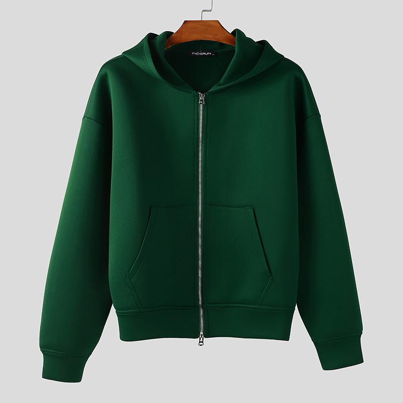 

INCERUN Весна Осень Мужские Толстовки с Длинным Рукавом Повседневные На Молнии с Капюшоном 5XL зелёный