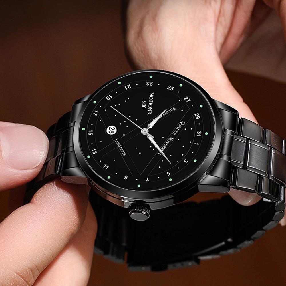 2pcs/set NOTIONR Business Men's Stainless Steel Wristwatches, Fashion Luminous Calendar Quartz Watch,Men's Gift Options