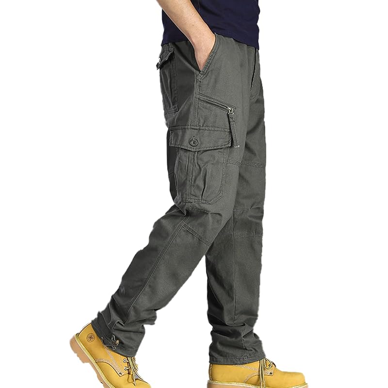 

[MYMRIN] cargo pants men s winter Fleece lining 7 pockets work clothes pants M-5XL pure cotton large size (Military green, 3XL)