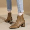 2025 Women's Genuine Leather Ankle Boots, Pointed Toe, High Heel, Chunky Sole, Plus Size, Velvet-Lined for Autumn/Winter
