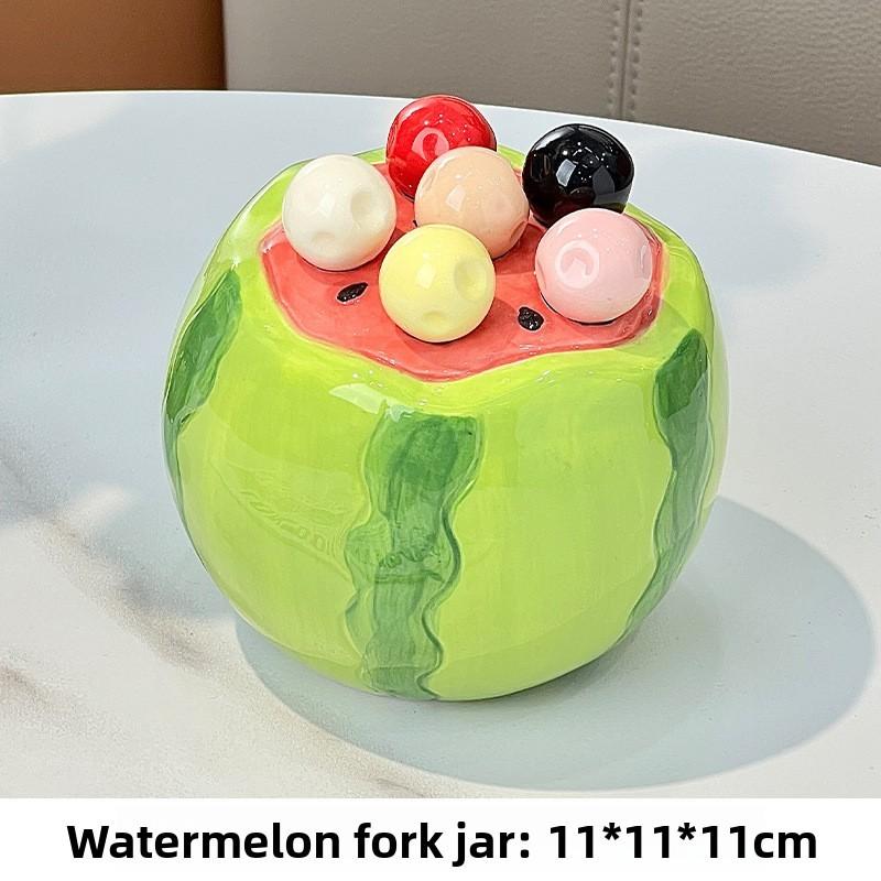 Watermelon Fruit Storage Container With Six Stainless Steel Forks For Children Gift