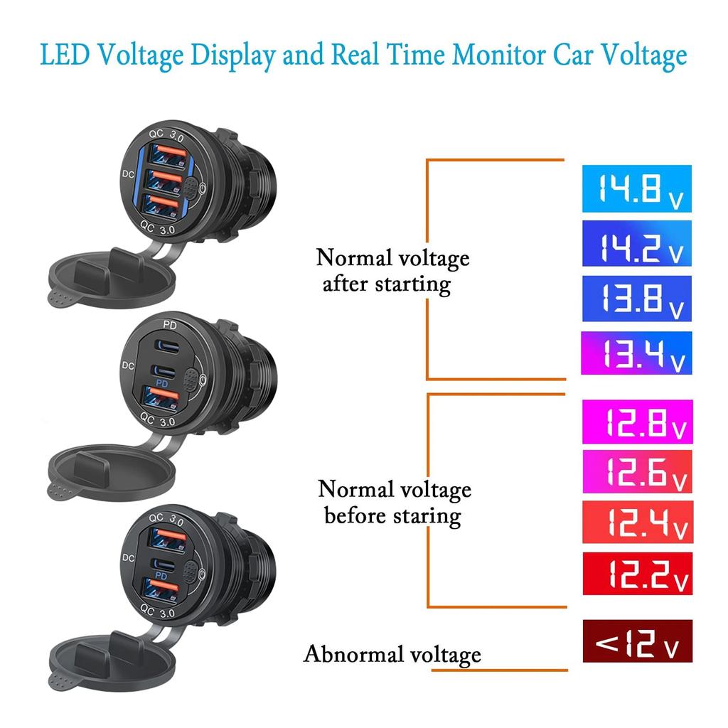 Gniazdo USB 12V/24V 78W 3 porty Gniazdo ładowarki samochodowej Podwójne 30W PD Typ C i 18W QC 3.0 z przełącznikiem do samochodu ciężarowego motocykla kampera morskiego