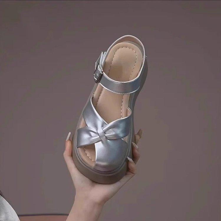 

римские сандалии на толстой подошве, французская красивая сумка, женская летняя обувь, модная с юбками, новинка 2025, пляжная обувь 40 серебряный