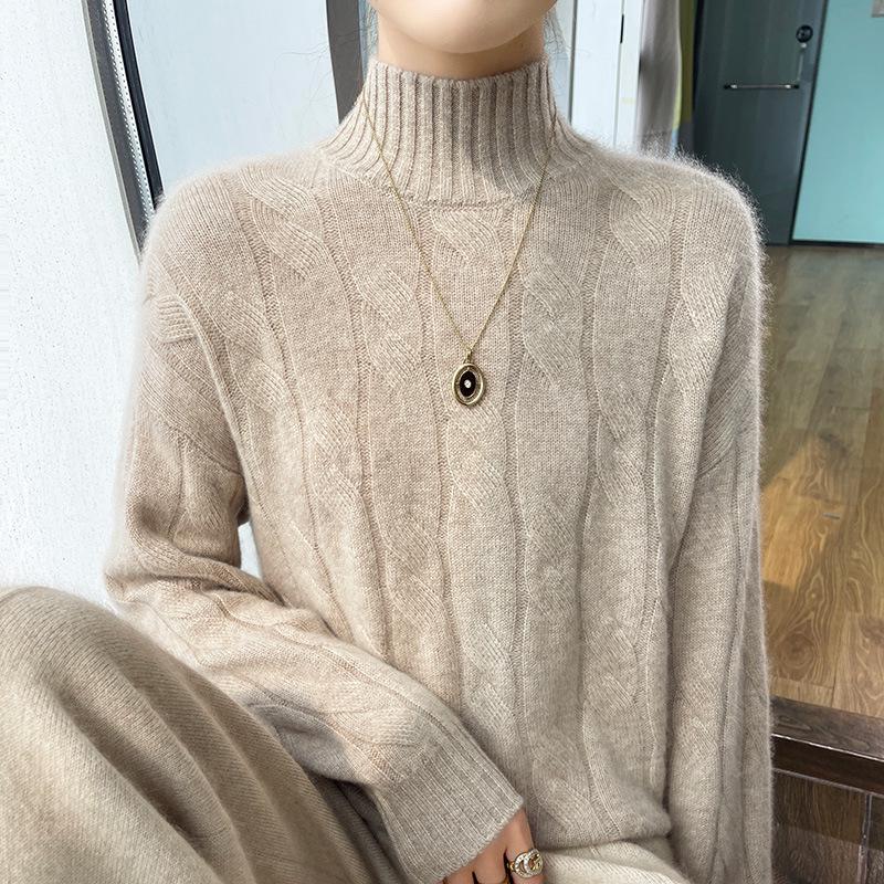 Women's Cashmere Half-High Neck Sweater - Thickened, Loose, Slimming Autumn/Winter Knit Pullover.