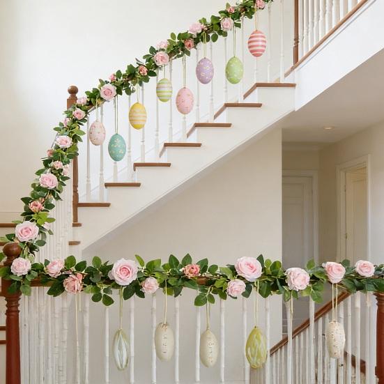 70.8" Artificial Rose Vine Fake Pink Rose Flower Garland with Green Leaves And Easter Eggs Faux Floral Garland for Fireplace