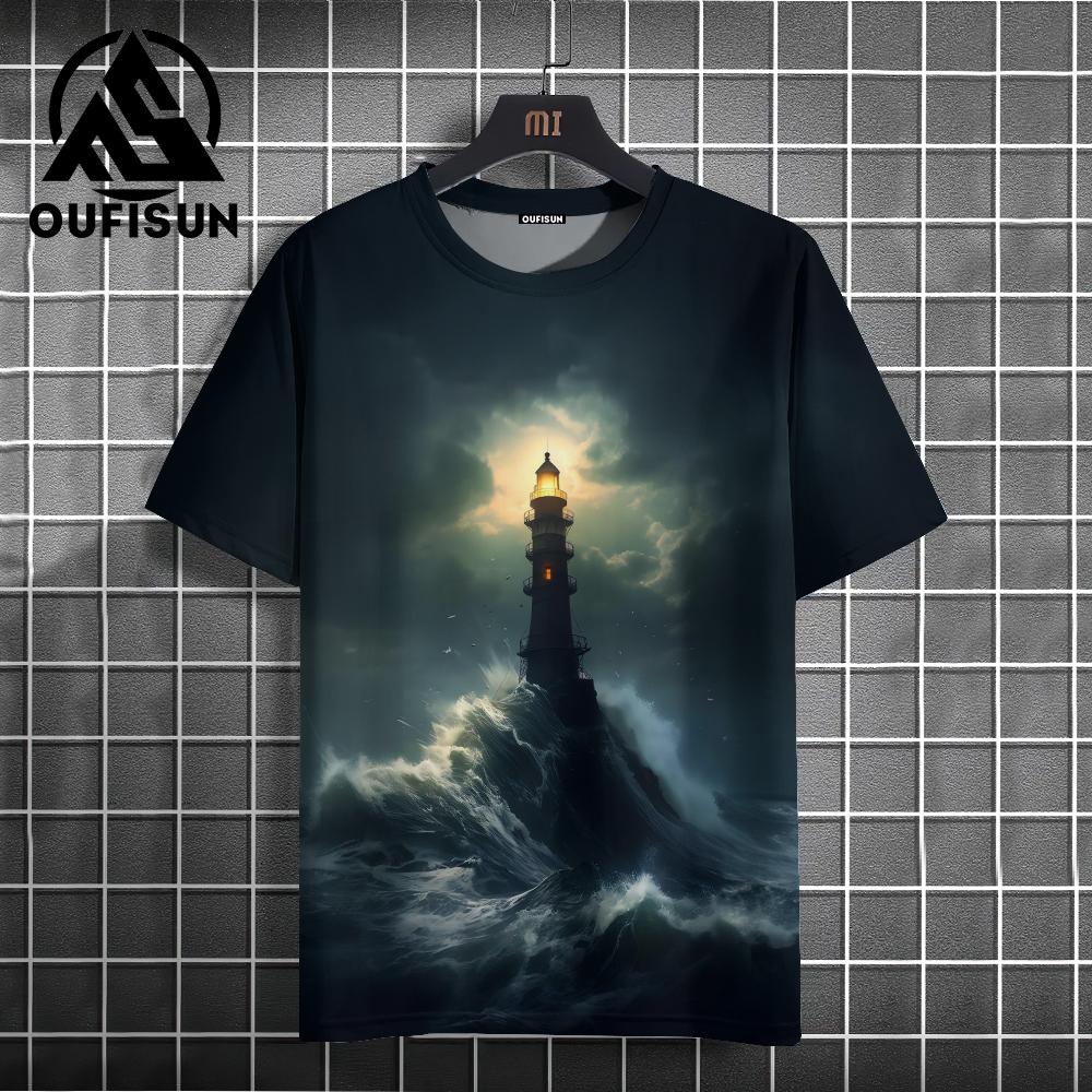 Dark Lighthouse T-shirt For Unisex Casual Short Sleeved Tops Summer Unisex's Clothing 3d Printed Black Cool Oversized Pattern T-shirt