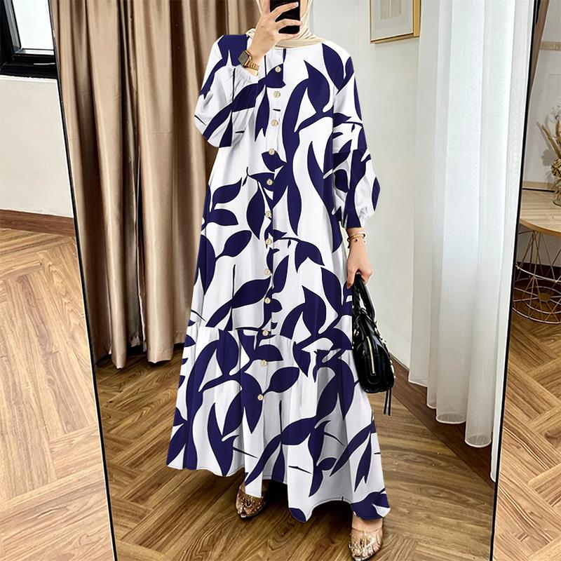 ZANZEA Women Casual Round Neck Loose Long Sleeve Print Long Dress Muslim 3XL синий