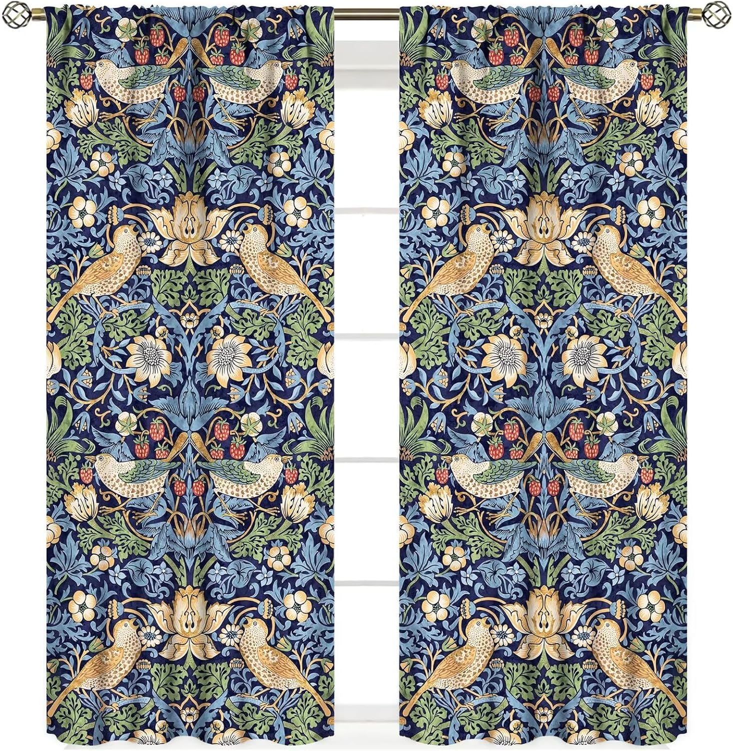 

Floral Curtain Blue William Morris Original Design Strawberry Thief Bedroom Living Room Kitchen Privacy Vintage Made Of Polyester Washable Great Ready W100*H70(CM)-Grommet top&1PCS
