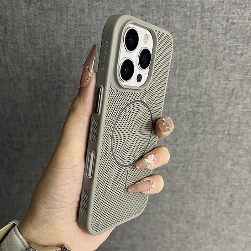 Luxury Mesh Hole Heat Dissipation Case for iPhone16 15 14 Plus 13 12 11 16Pro Max For Magsafe Wireless Charge Hard PC Thin Cover