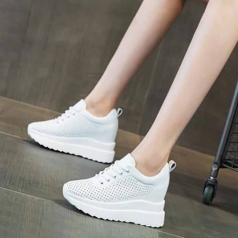 Fashion Hot quality10cm Genuine Leather Vulcanized Platform Wedge Casual Women Summer Shoes Fashion Sneakers Hollow Heels Increase Shoes