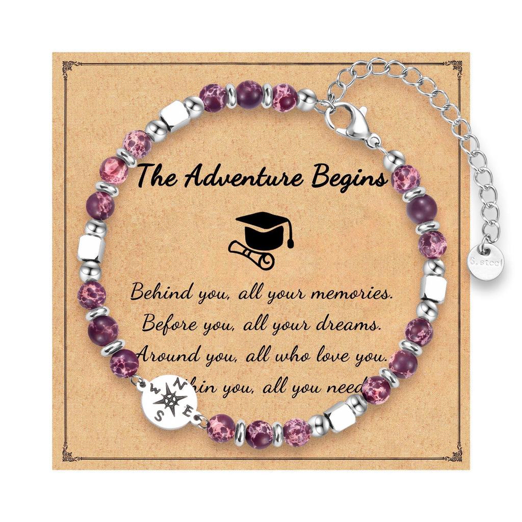 2026 Graduation Gifts Stainless Steel Compass Amazonite Amethyst Beads Bracelets for Women Girls High School College Graduates
