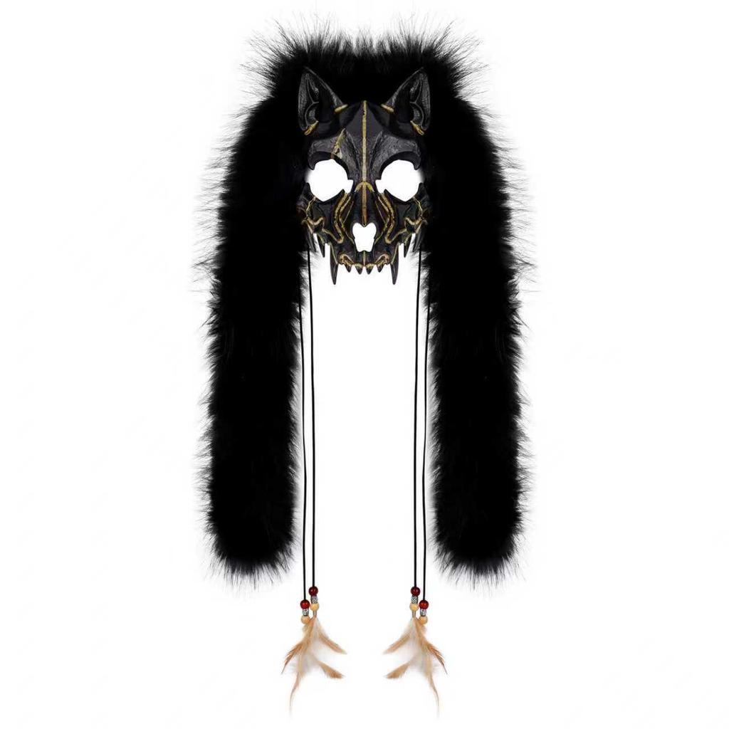 Wikinger-Fuchsmaske mit Kunstfell-Kopfschmuck für Halloween-Karnevals-Kostüm