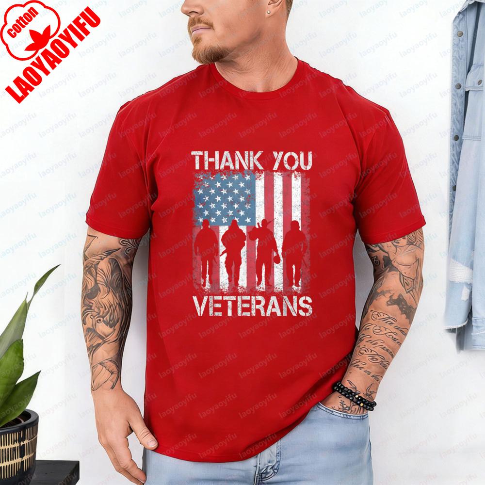 Thank You Veterans TShirt Homme America Flag Soldier Silhouette Patriotic Cotton Tee Veterans Day Vintage Simple Mens Clothes
