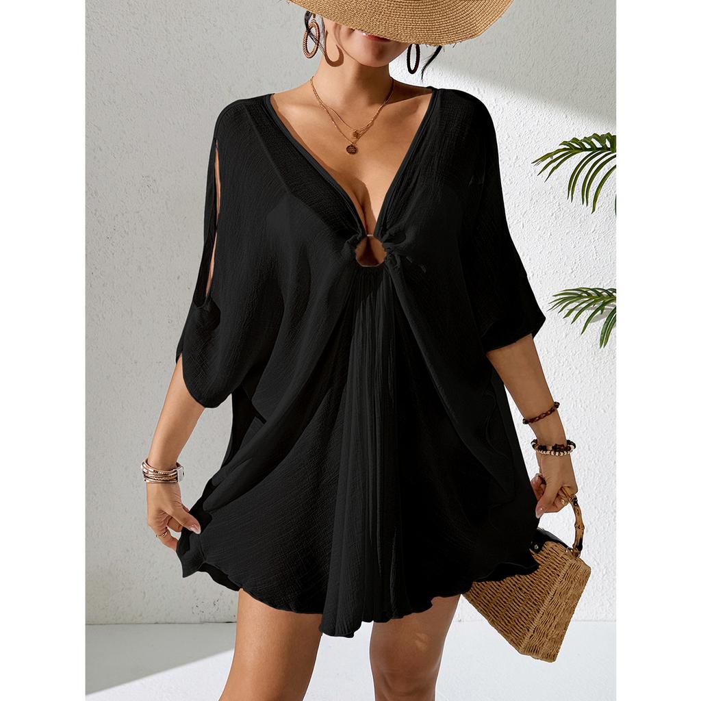Pure Color V-Neck Lightweight Transparent Loose Dress Beach Casual Comfort Sun Protection Cover Up Fashion Beachwear