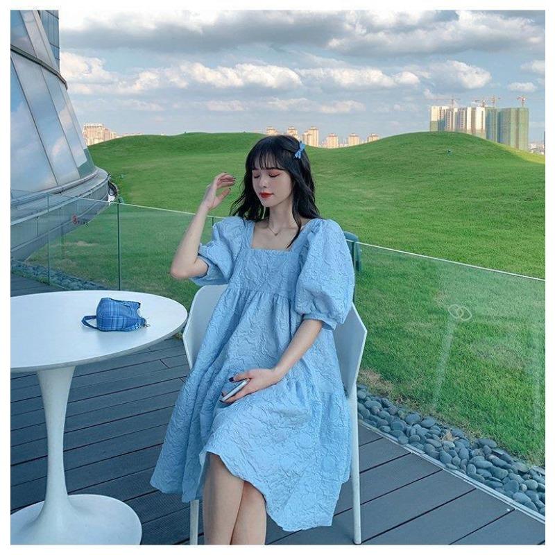 Pregnant Women Spring and Summer Sweet Square Neck Bubble Sleeves High Waist Thin Loose Girlfriends Dress
