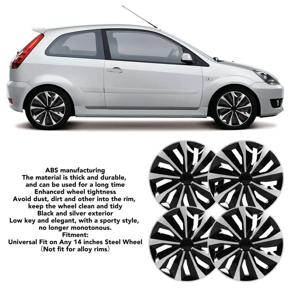 Universelle Radkappen Passend 4 Stück 14 Zoll Radkappen Radabdeckungen Satz für Ford Fiesta/Peugeot 205/Clio/Seat Ibiza/Felicia Schwarz und Silber