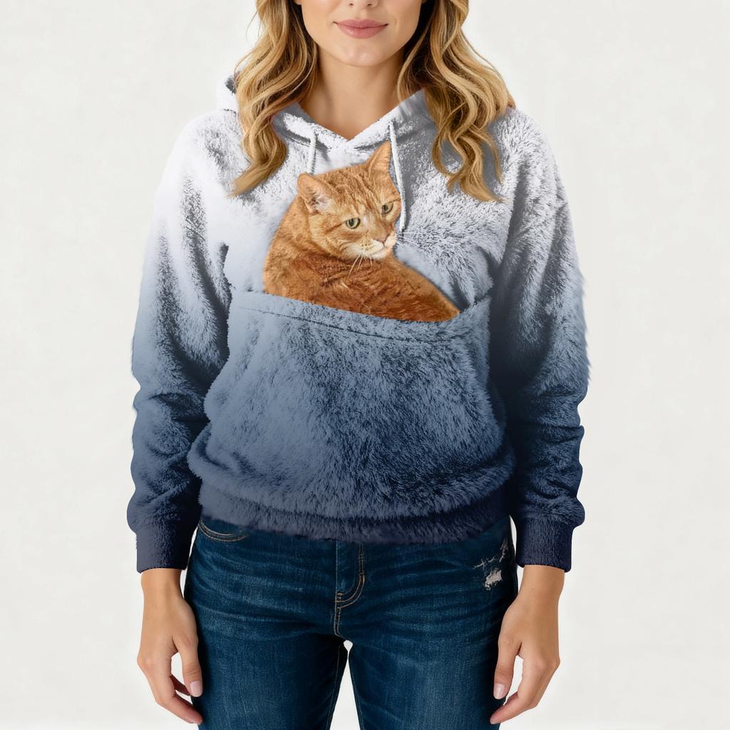 Damen Modisches Lässiges Fleecegefüttertes Langarm-Taschen-Kapuzen-Sweatshirt mit Aufdruck