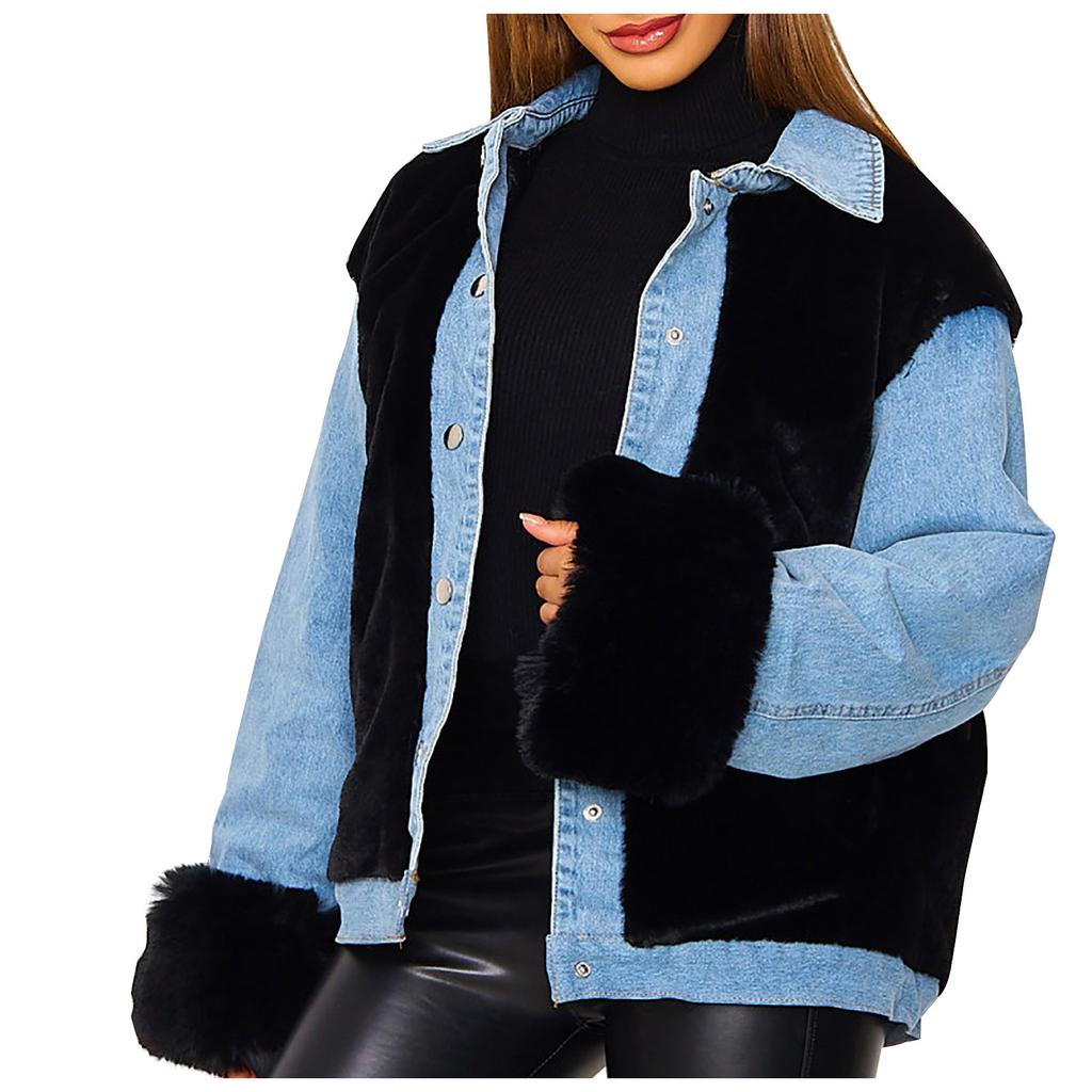 Moda Donna Casual Peluche Patchwork Cardigan Outerwear Giacca di Jeans Cappotto