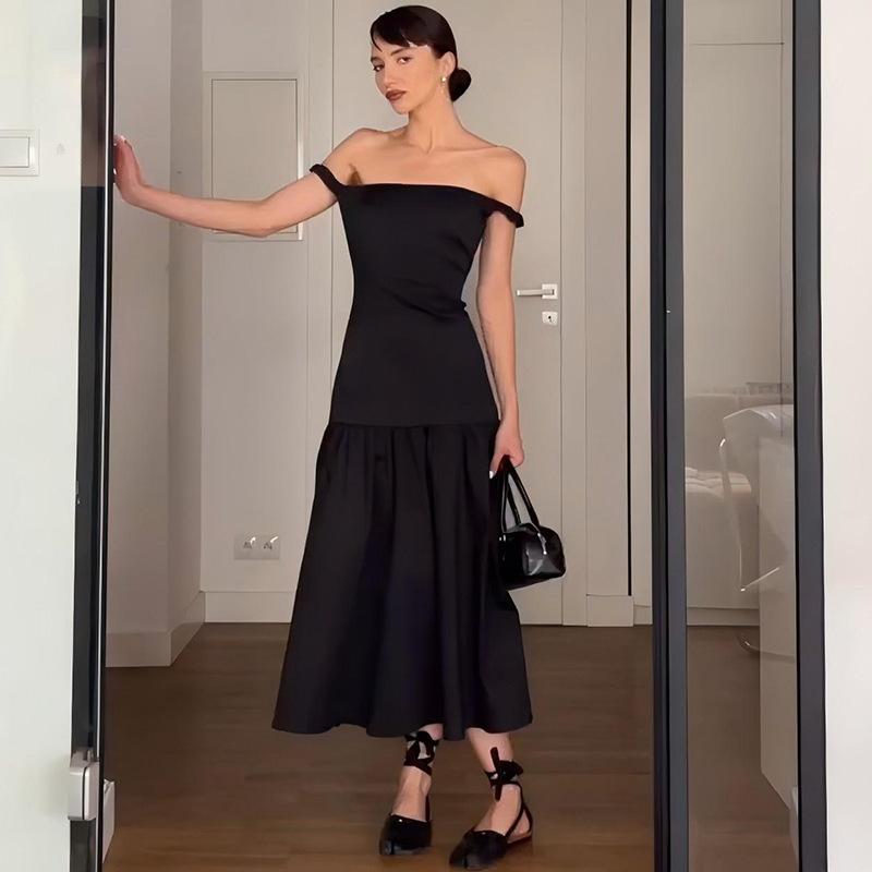 Women's Autumn Solid Color Fashion Line Shoulder, Chest and Waist Slim-fit Dress Dress