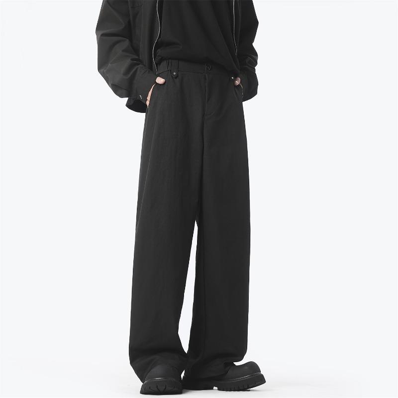 Men Single Front Pleat Mid Waist Solid Twill Wide Leg Floor Length Casual Trousers M