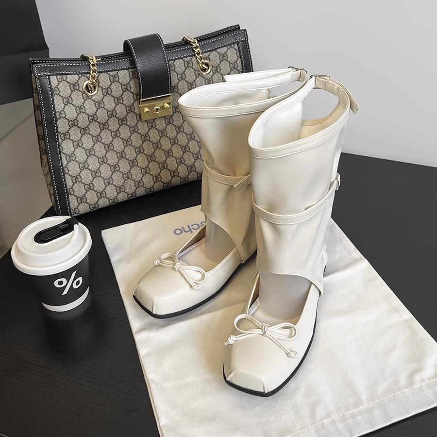 Ballet Style Square Head Cool Boots Women's Thick Heel Thick Bottom Hollow Bow Niche Design Fashionable Short Boots