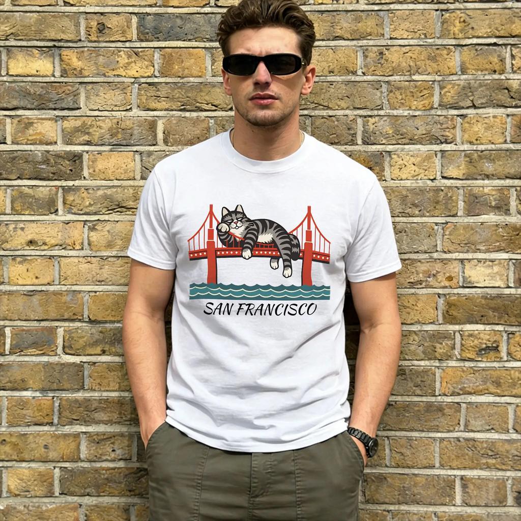 Ryan Gosling Cat San Francisco 100 Cotton T-Shirt For Man Summer  Street Style T-Shirts Crewneck Leisure Tees Casual Tops