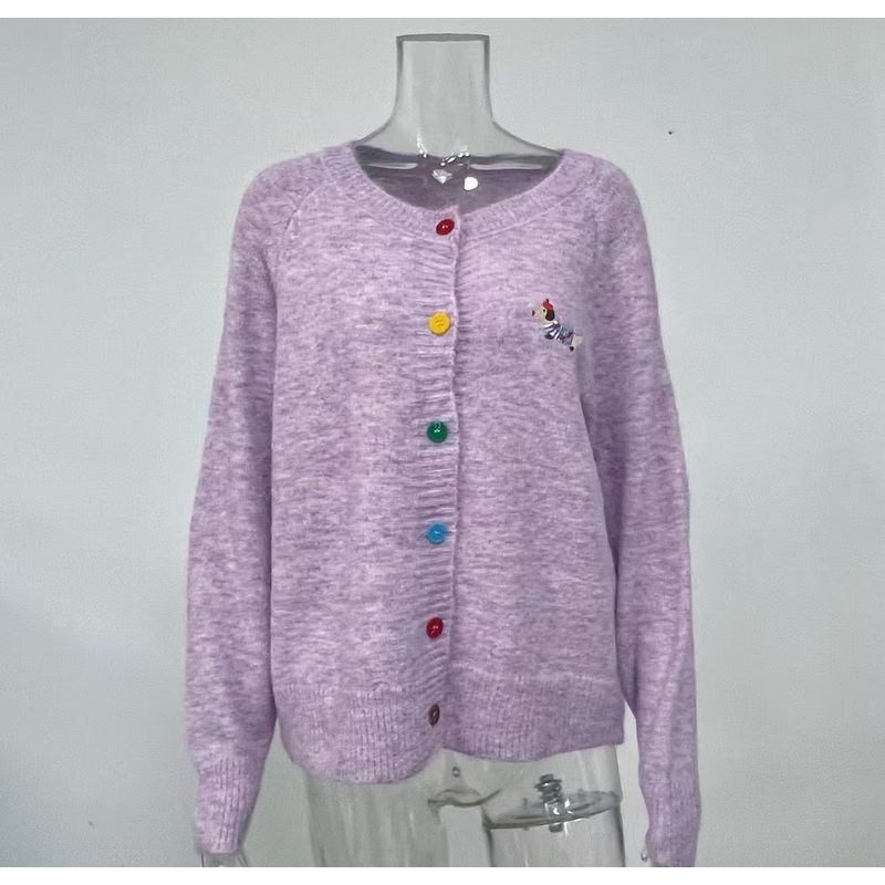 

Fashion round Neck Colored Buckle Puppy Embroider Long Sleeves Easiest for Match Cardigan Sweater Cardigan Knitted Sweater Purple All yards