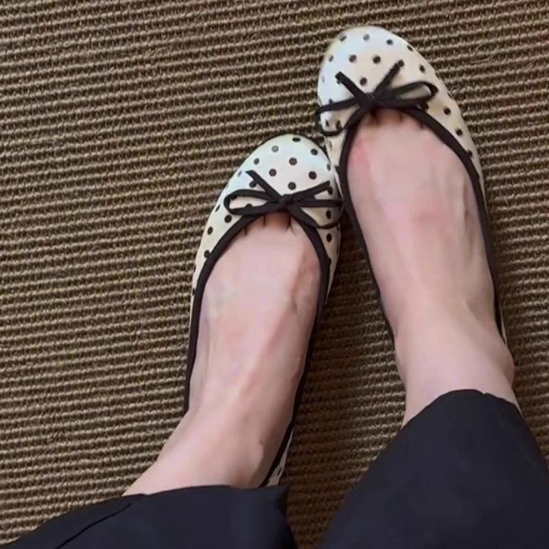Polka Dot Round Toe Ballet Flats for Women Bow Decoration Shallow Sweet Dress Shoe Lightweight Soft Comfort Loafers