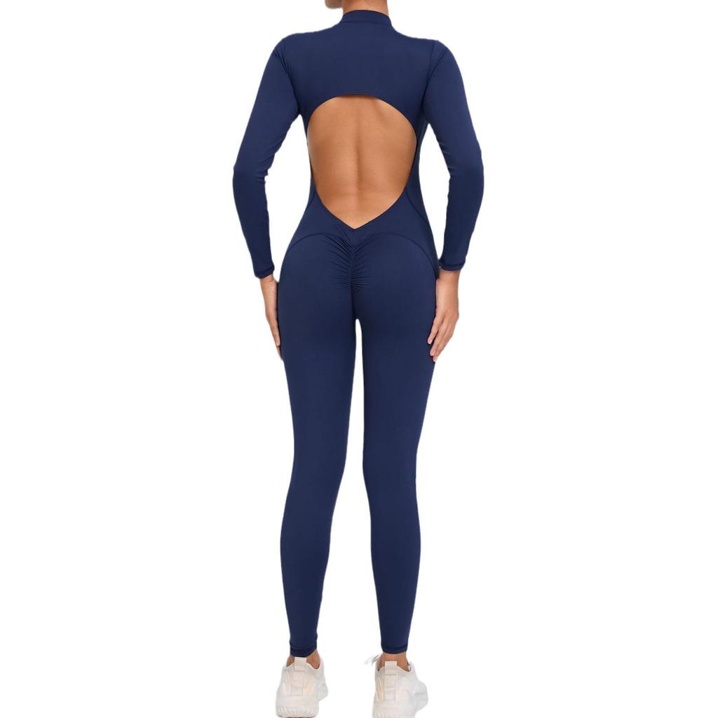 Europäischer & Amerikanischer Yoga-Jumpsuit mit Reißverschluss und langen Ärmeln - Damen Fitness-Body mit Nude-Feeling