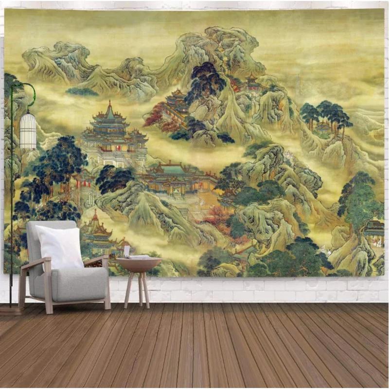 Chinese Landscape Tapestry, Ancient Palace & Mountain Painting Wall Hanging for Bedroom Living Room Home Decor 100X70CM