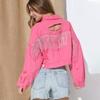 FiveFive Giacca di Jeans da Donna a Maniche Lunghe con Nappe di Strass sul Retro, Larga, Strappata, con Fori